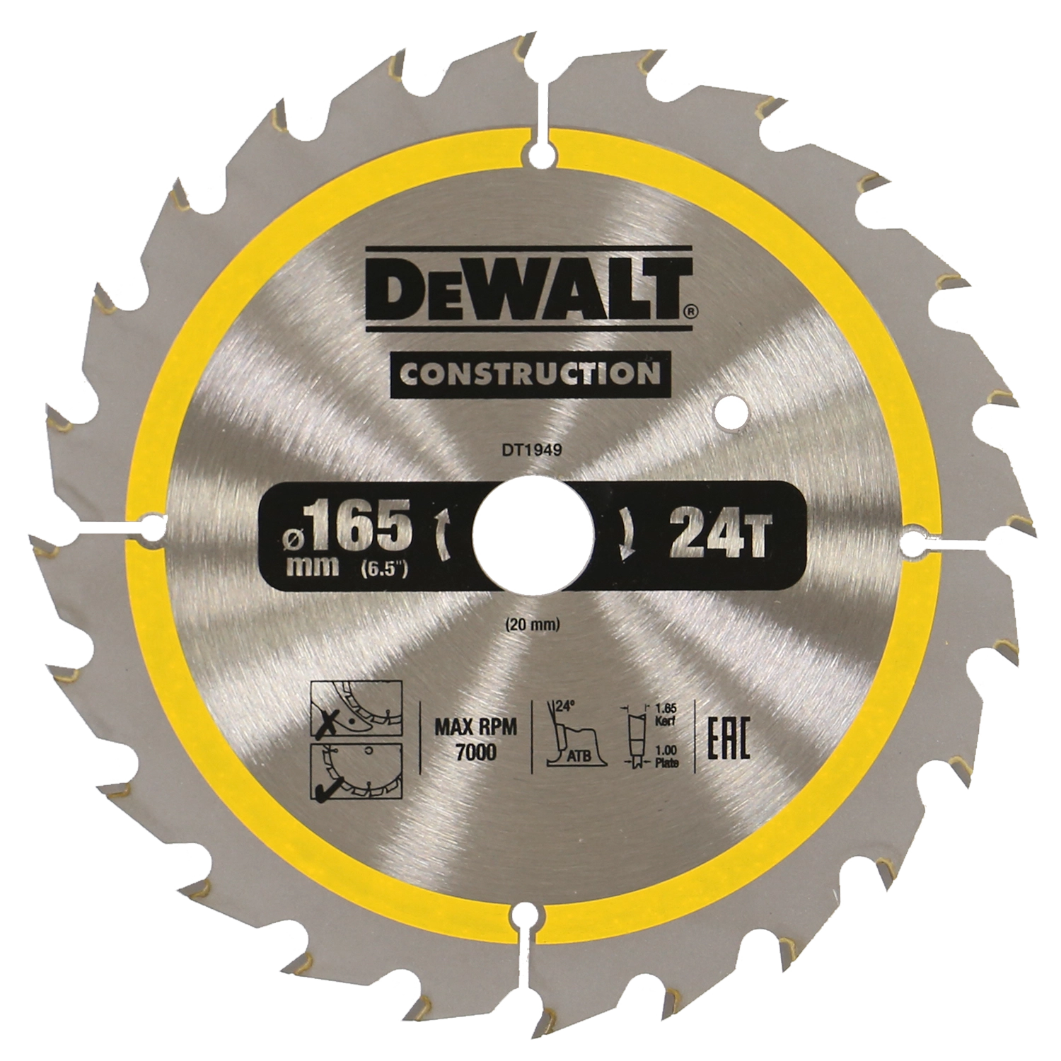 DeWALT Cirkelzaagblad Ø 165 X 20 mm 24T - Dt1949-Qz | Lecot.shop Grijsgeel DeWALT cirkelzaagblad. Met aantal tanden en afmetingen zaagblad. Bevat max. toerental.