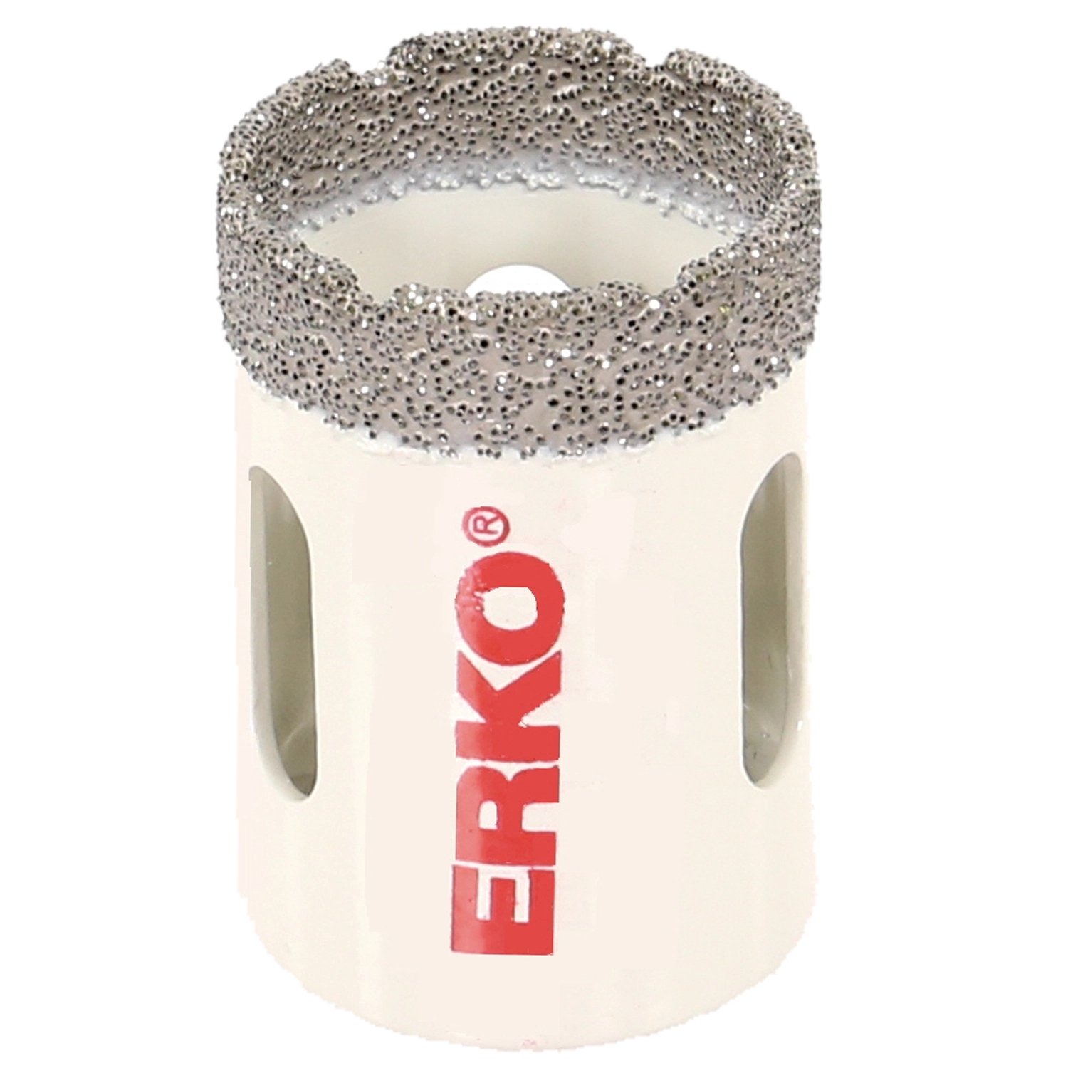 Witte ERKO diamantdroogboor voor tegels. Ruwe bovenkant. 3 gaten voor afvoer. Groot rood ERKO logo.