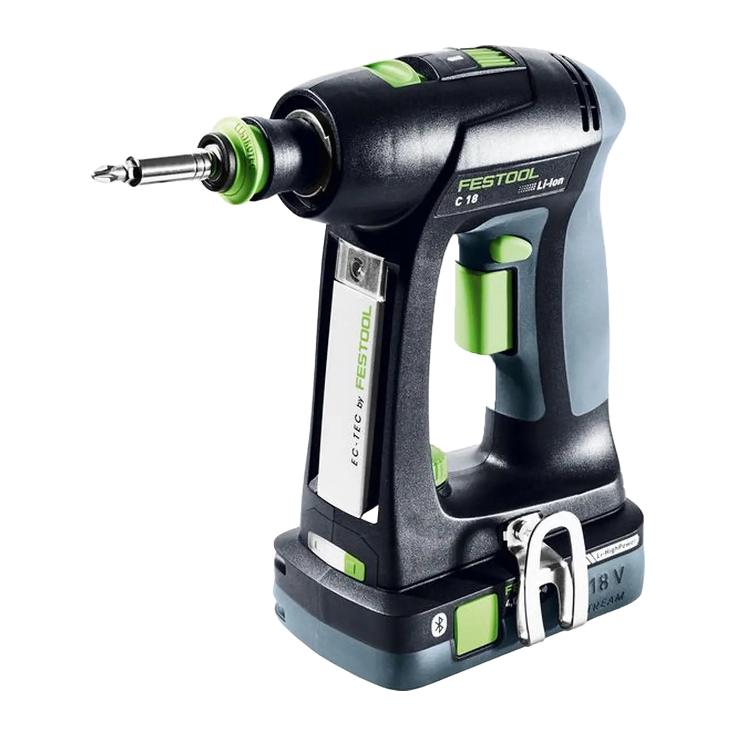 Donkerblauwe zwarte Festool 576992 Schroef- en boormachine met groene accenten, riemhaak en 18V accuZwarte STROXX 34-Delige Bitsset 1/4" -/PH/PZ/TX/6-kant + Magneetbithouder. Doorzichtig deksel. Plastieken riemhaak.