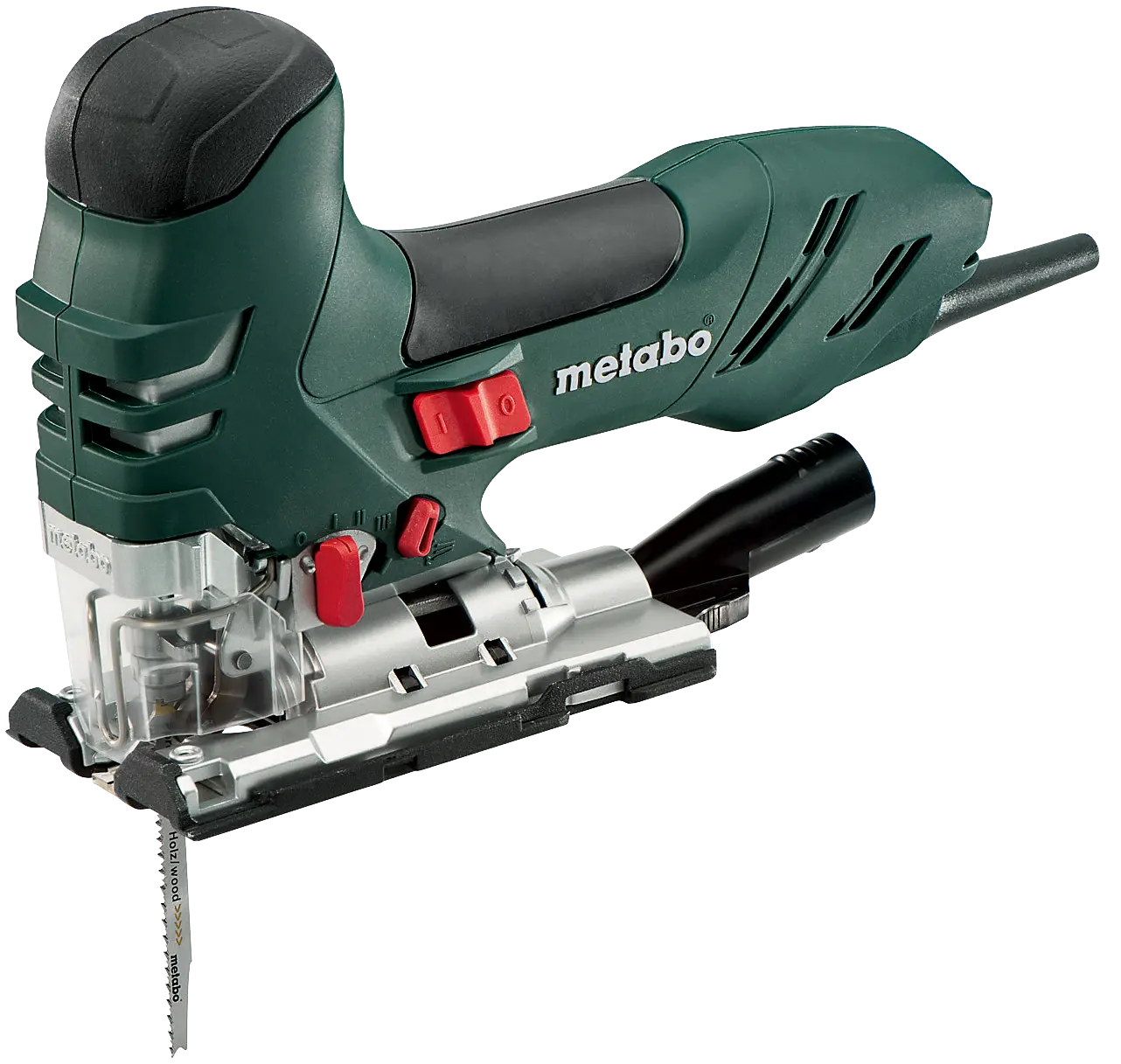 METABO STE 140 METALOC Decoupeerzaag 750W | Lecot.shop Groenzwarte METABO STE 140 METALOC Decoupeerzaag (kabel). Rode knoppen: aan-uitschakelaar, instelhendel pendelstand en schakelknop spaanblaasinrichting. Zwartgrijze geleiderailadapter ingeklikt. Doorzichtige beschermkap. Grijs Holz/wood METABO decoupeerza