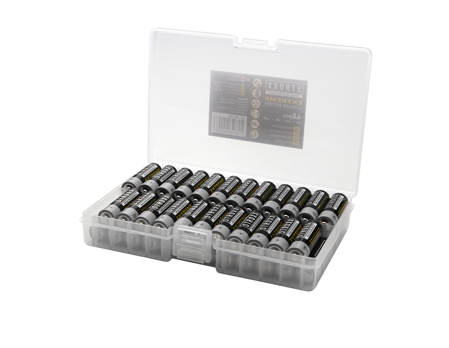48 Extreme Alkaline Batterijen AA. Stevige, transparante koffer.