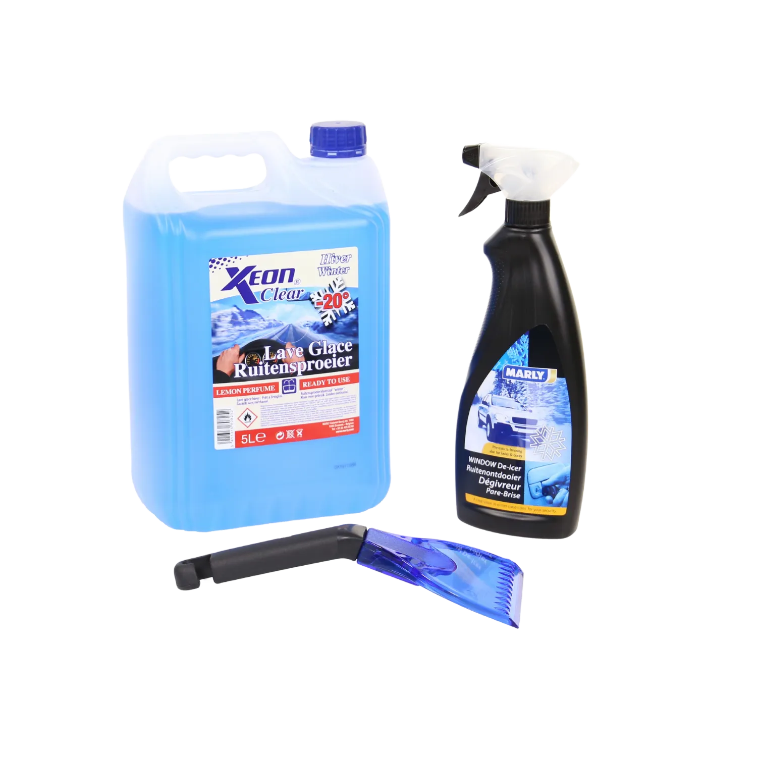 Winterkit : DE-ICER 500 ml + krabber + ruitensproeimiddel 5l