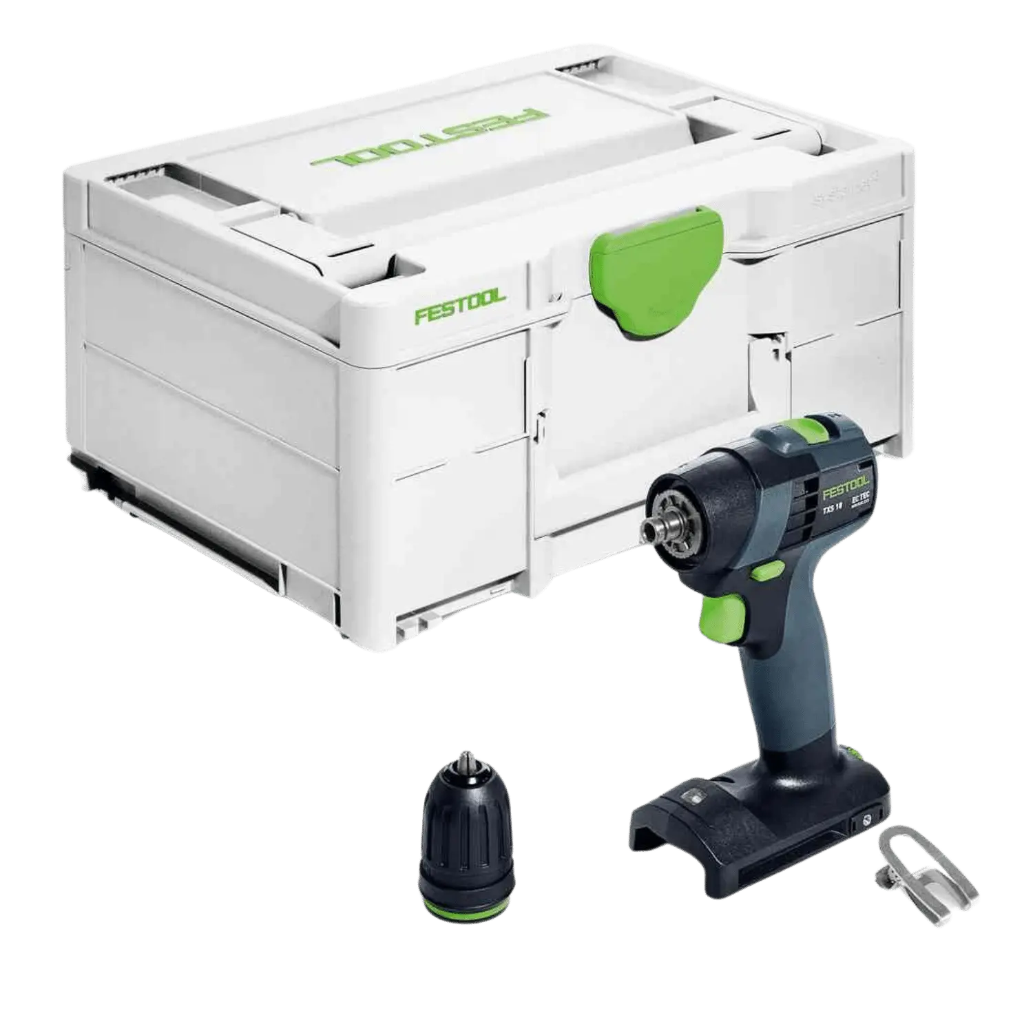 Festool TXS 18-BASIC Accu Schroef-Boormachine: kleine schroef- en boormachine met blauwe en grijze behuizing.