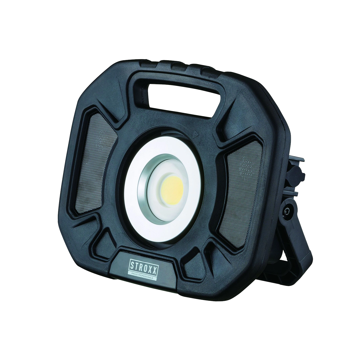 Zwarte STROXX Bouwlamp. Drie lichtvlakken. Handgreep met ribbels. Voet die kan gekanteld worden voor meerdere hoeken.