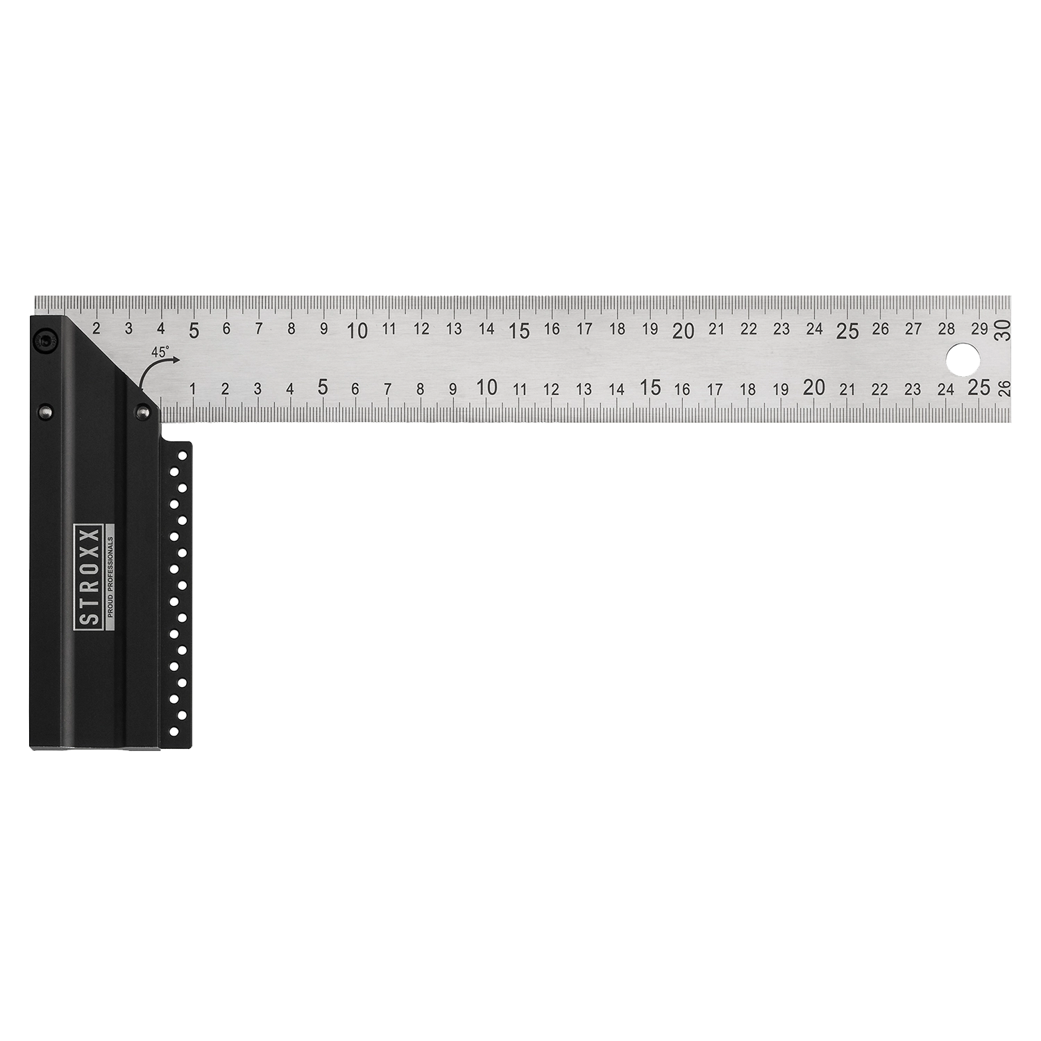 Zwart-grijze STROXX hoekmeter. Metalen meetlat. Afmetingen van 30 en 25 cm. Hoek 45°.
