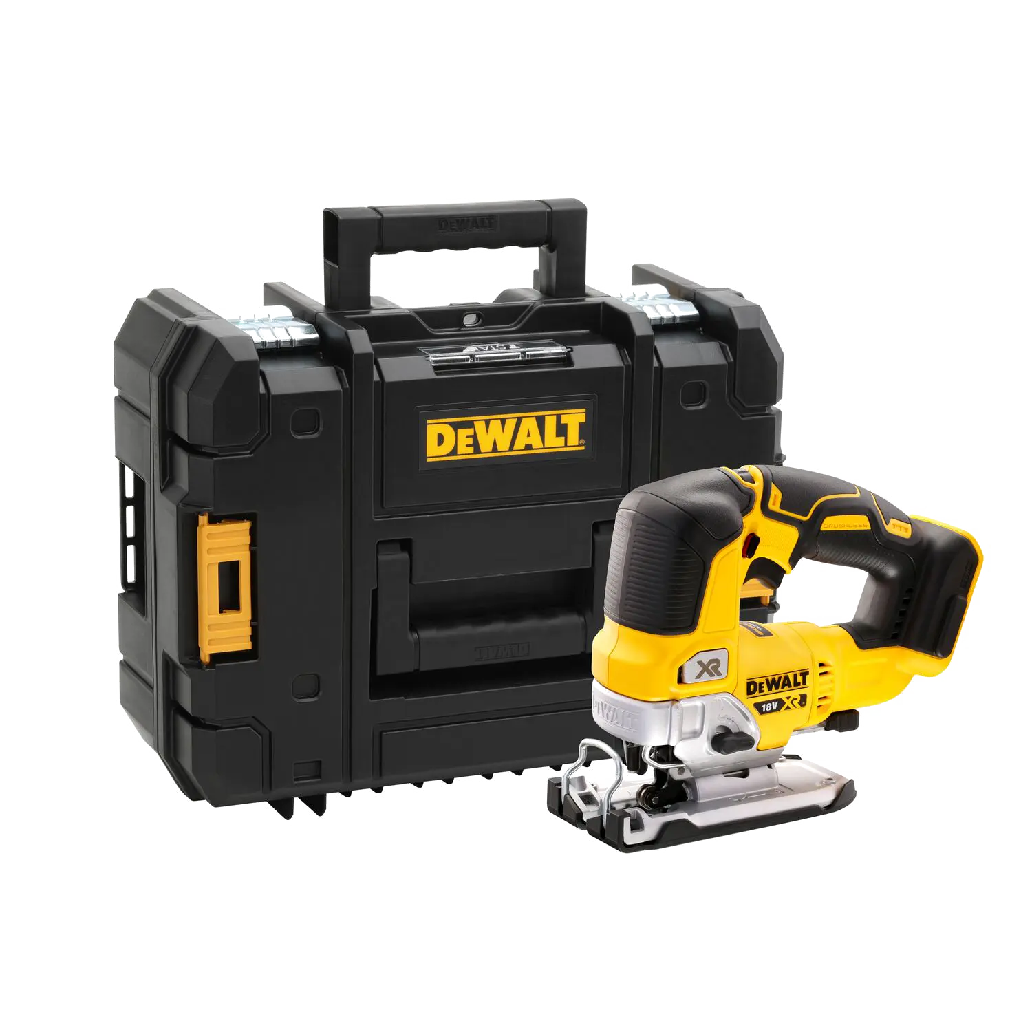 DeWALT DCS334 Decoupeerzaag op Accu | Lecot.shop Geelzwarte DCS334NT-XJ Decoupeerzaag op accu. Geen ingeklikte decoupeerzaagblad & accu. Zwarte opbergdoos met 2 grote handvaten  en 2 gele en 2 grijze sluitkleppen.