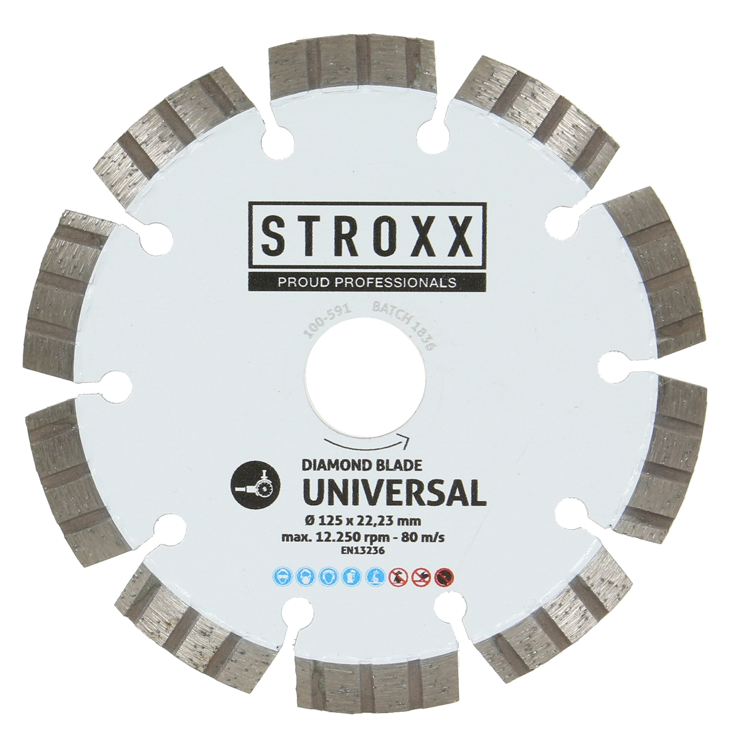 Wit STROXX diamantzaagblad voor beton en tegels. 10 tanden. Met inkepingen. Bevat afmetingen en gebruiksaanwijzingen.