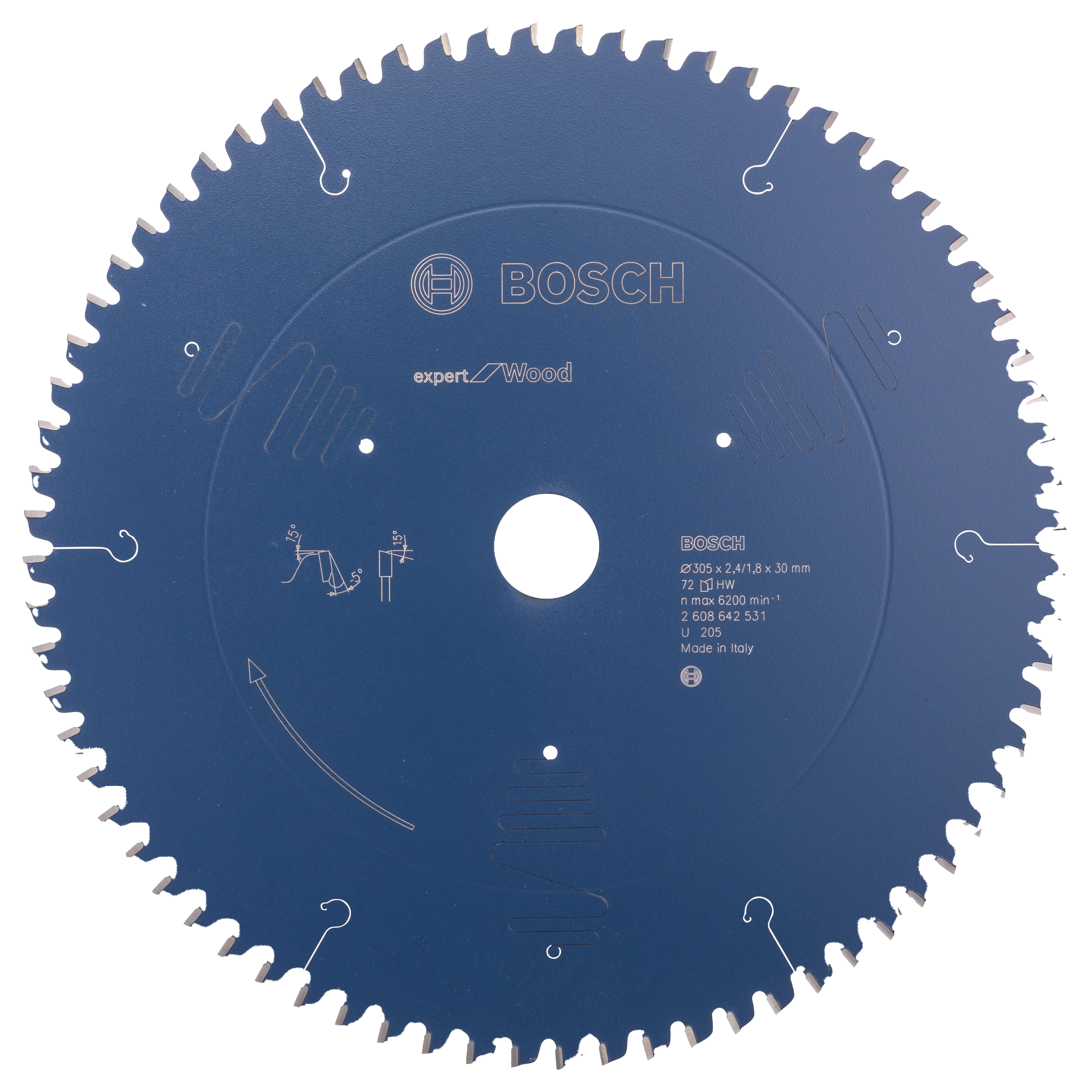 Blauw Bosch Cirkelzaagblad (hout). Afmetingen 305X30X2,4mm. 72 tanden