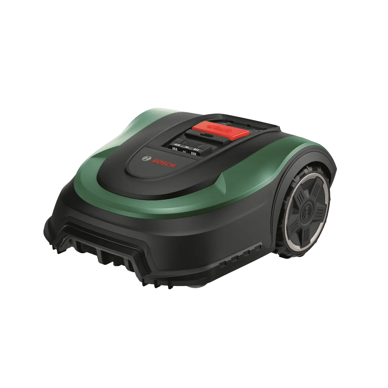 BOSCH INDEGO M+ 700 Robotmaaier | Lecot.shop Groenzwarte Bosch INDEGO M+ 700 robotmaaier. Knoppen voor bediening. Rode STOP-knop. Grote wielen met reliëf.