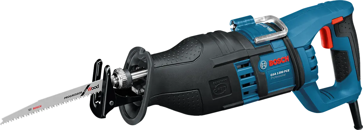 Blauwzwarte Bosch GSA 1300 PCE Reciprozaag (kabel). Bosch logo & 'GSA 1300 PCE Professional'. Metalen riemhaak. Groot rubberen handgreep met ribbels. Bosch reciprozaagblad ingeklikt