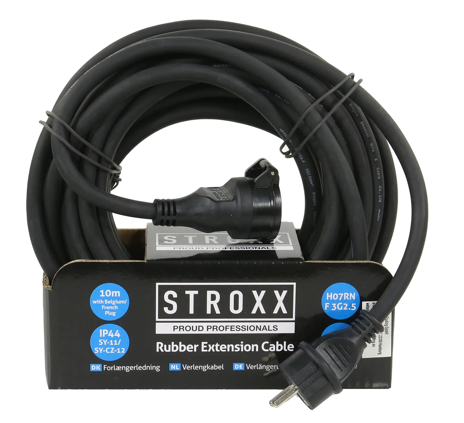 Zwarte STROXX Verlengkabel met klep van 10m. In kartonnen verpakking.