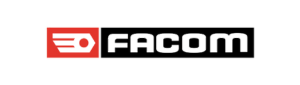 Het logo van Facom, een gereedschapsfabrikant, in het rood en zwart op een grijze achtergrond