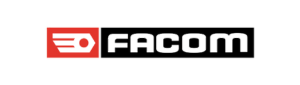 Facom Het logo van Facom, een gereedschapsfabrikant, in het rood en zwart op een grijze achtergrond