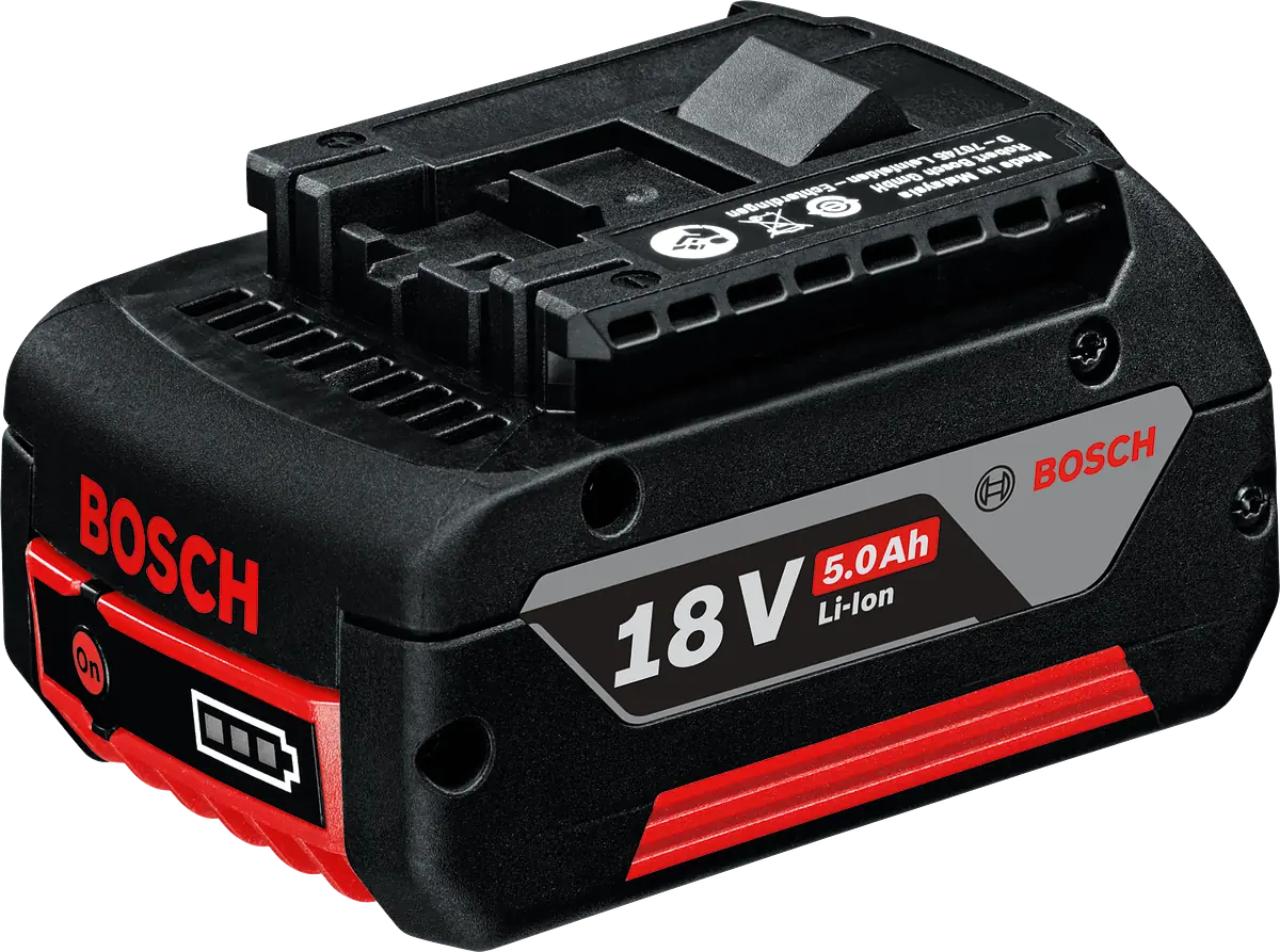 Zwartrode BOSCH Accu met "18V 5.0 Ah Li-ion". Batterij-indicator. Inkepingen om in gereedschappen in te klikken. 