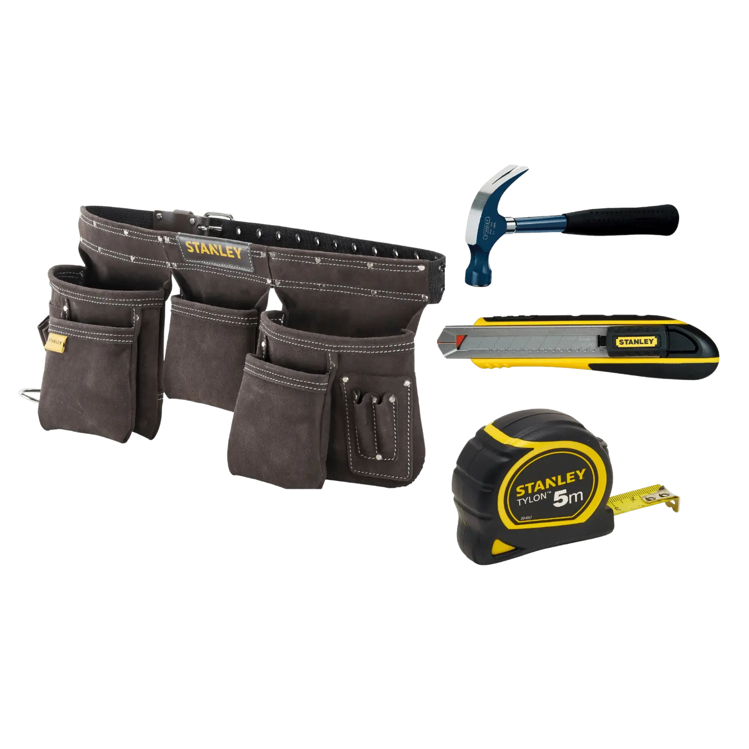 Leren Stanley gereedschapsriem met 5 vakken, hamer, rolmeter en mes