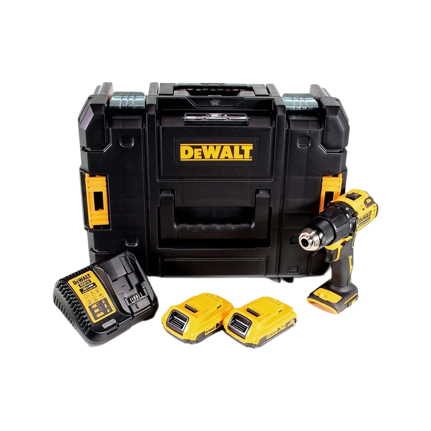 DeWALT Accu Schroef- En Klopboormachine DCD709D2T (18 V - 2 X 2 Ah Li-ion) | Lecot.shop DeWALT DCD709D2T: 18V Accu schroef- en klopboormachine met 2 x 2 AH Li-ion batterijen, compacte zwarte behuizing en geleverd in koffer.