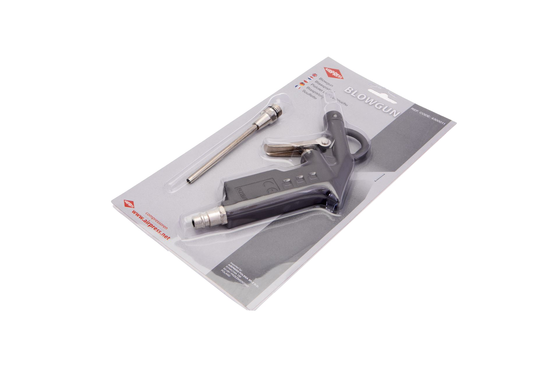 Donkergrijs AIRPRESS Blaaspistool met Lange Bek met Tules. Verpakt in karton & plastiek. Mogelijk aan te sluiten op pneumatische krachtvoorziening. Rubberen handgreep.