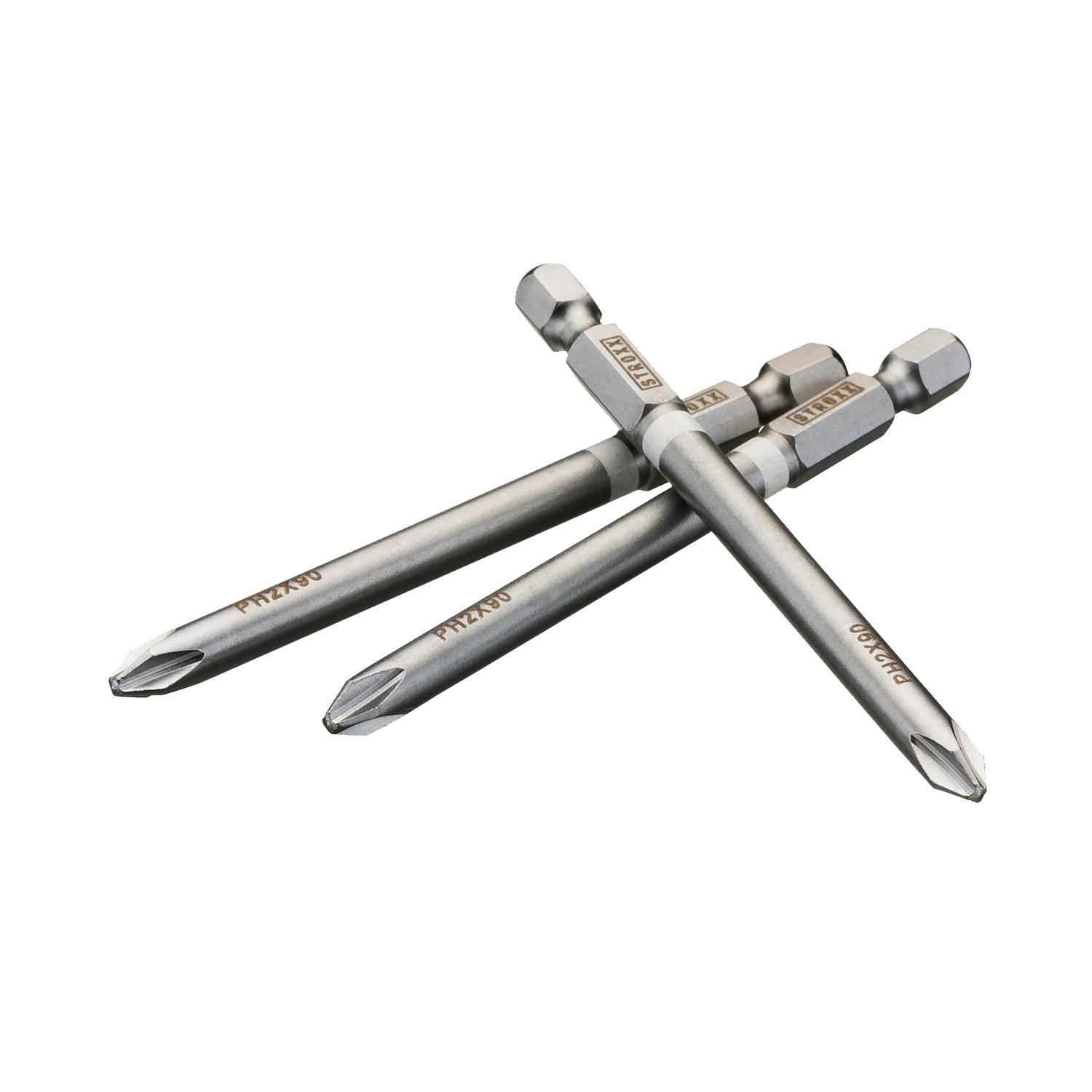STROXX Lange Bits Wit Ph2 - Set van 3 witte bits van 90 mm lang met Ph2-kruiskop.