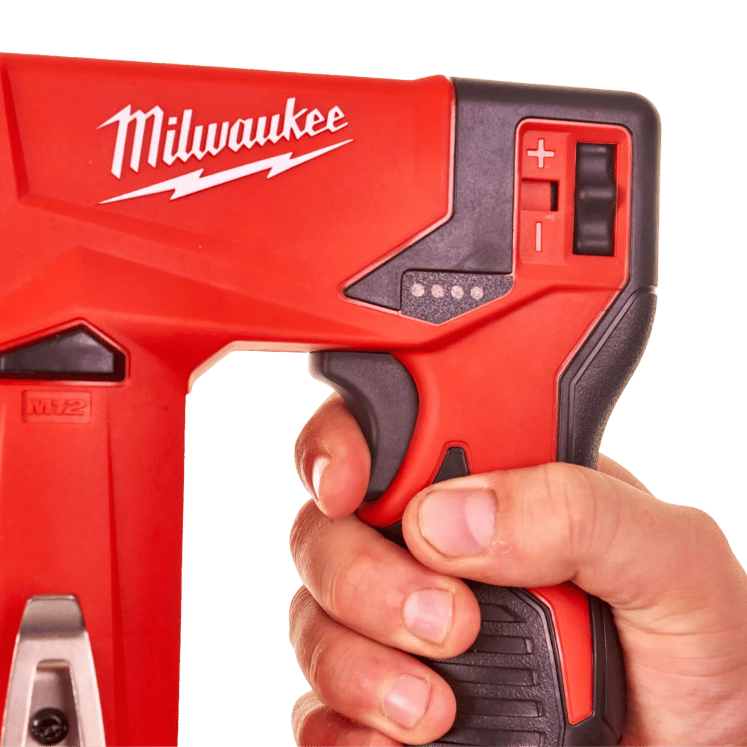 Milwaukee Accu Niettoestel M12 BST-202X: Compact 12V niettoestel met 2x2 Ah Li-ion accu's, geschikt voor verschillende nietklussen.