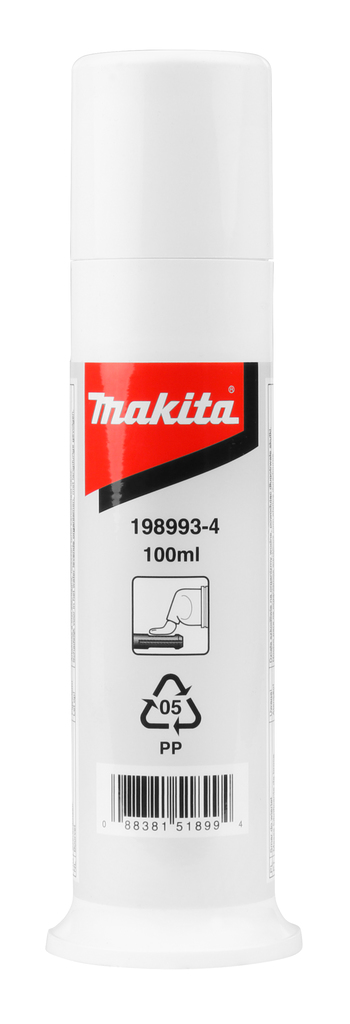 Wit flacon van Makita met brede onderkant en witte dop. Rode 'makita' markering.