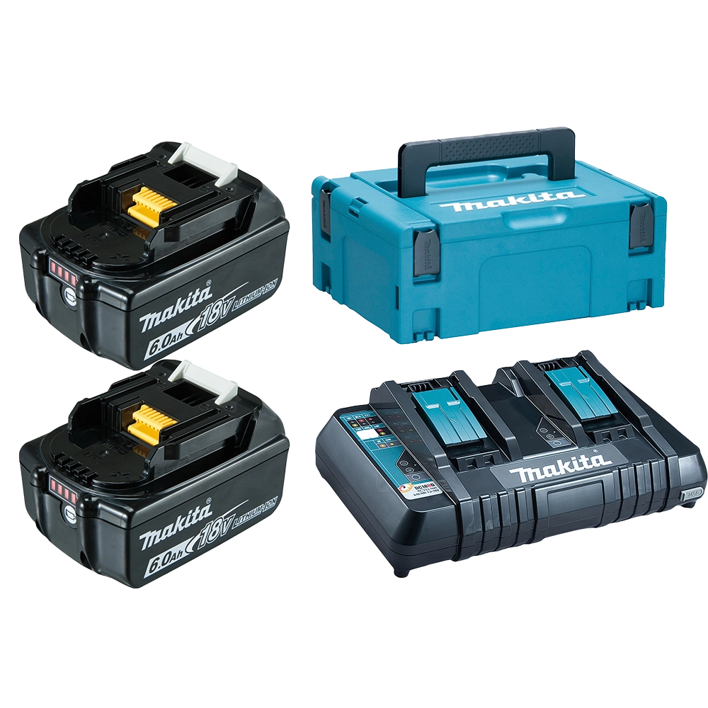 Set Batterijen 18V : BL1860B : 2 x 6 Ah Li-ion + Duolader DC18RD 