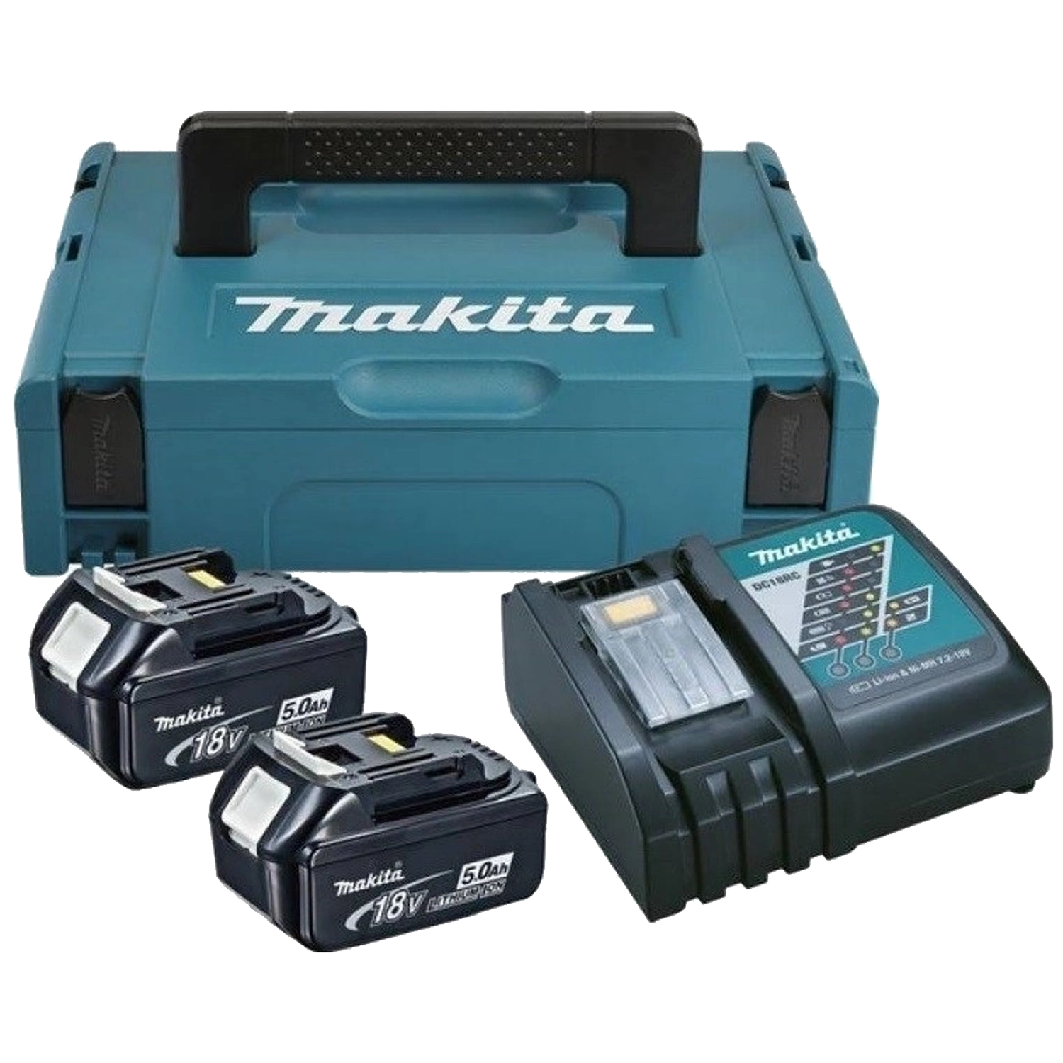 Makita Set Batterijen 18V: BL1850B: 2X5 Ah Li-ion + Lader DC18RC: Set van 2x5 Ah Li-ion batterijen en een DC18RC lader voor Makita gereedschap.