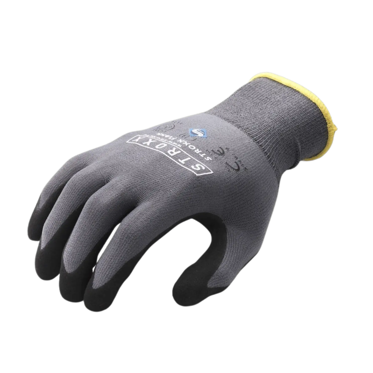 Grijszwarte STROXX handschoenen met gele rand. Extra bekleding op handpalmen en vingertoppen. Nitril coating.