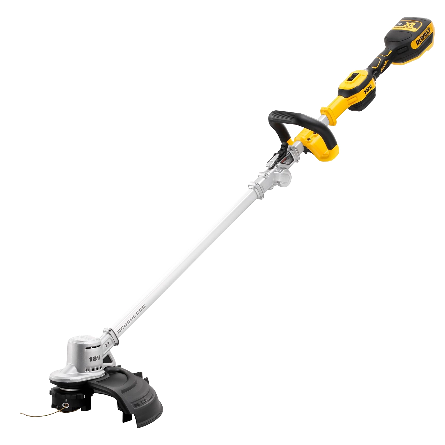 DeWALT DCMST561N Accu grastrimmer (zonder accu) | Lecot.shop Geelzwarte DeWALT DCMST561N-XJ grastrimmer. Rubberen handgreep. Vergrendelknop aan. Geen accu ingeklikt. Snijdraad ingeklikt