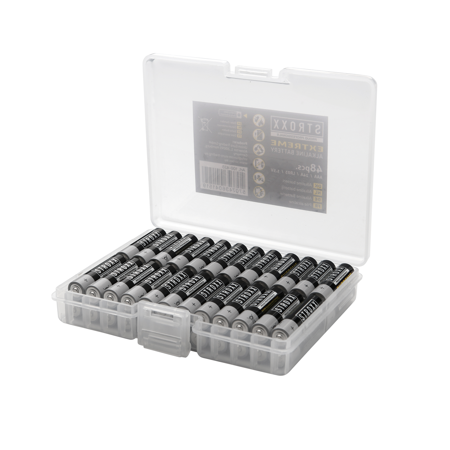 Doorzichtige STROXX doos met 48 Extreme Alkaline Batterijen AAA. Sluitende klep. Twee lagen batterijen over twee rijen.