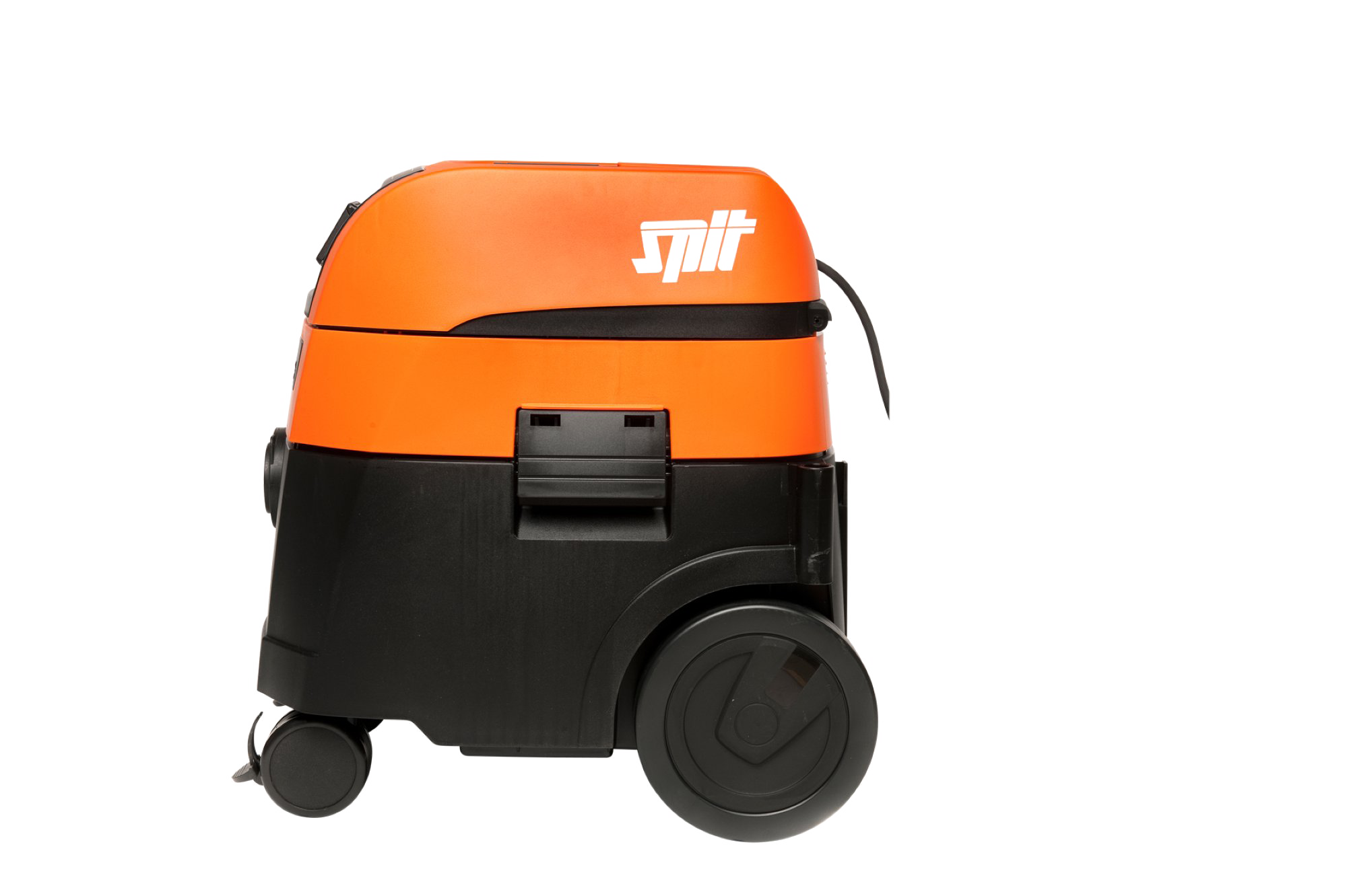 Zwart oranje SPIT Stof- & Waterzuiger op kabel (32 L Klasse L). Extra grote achterwielen.