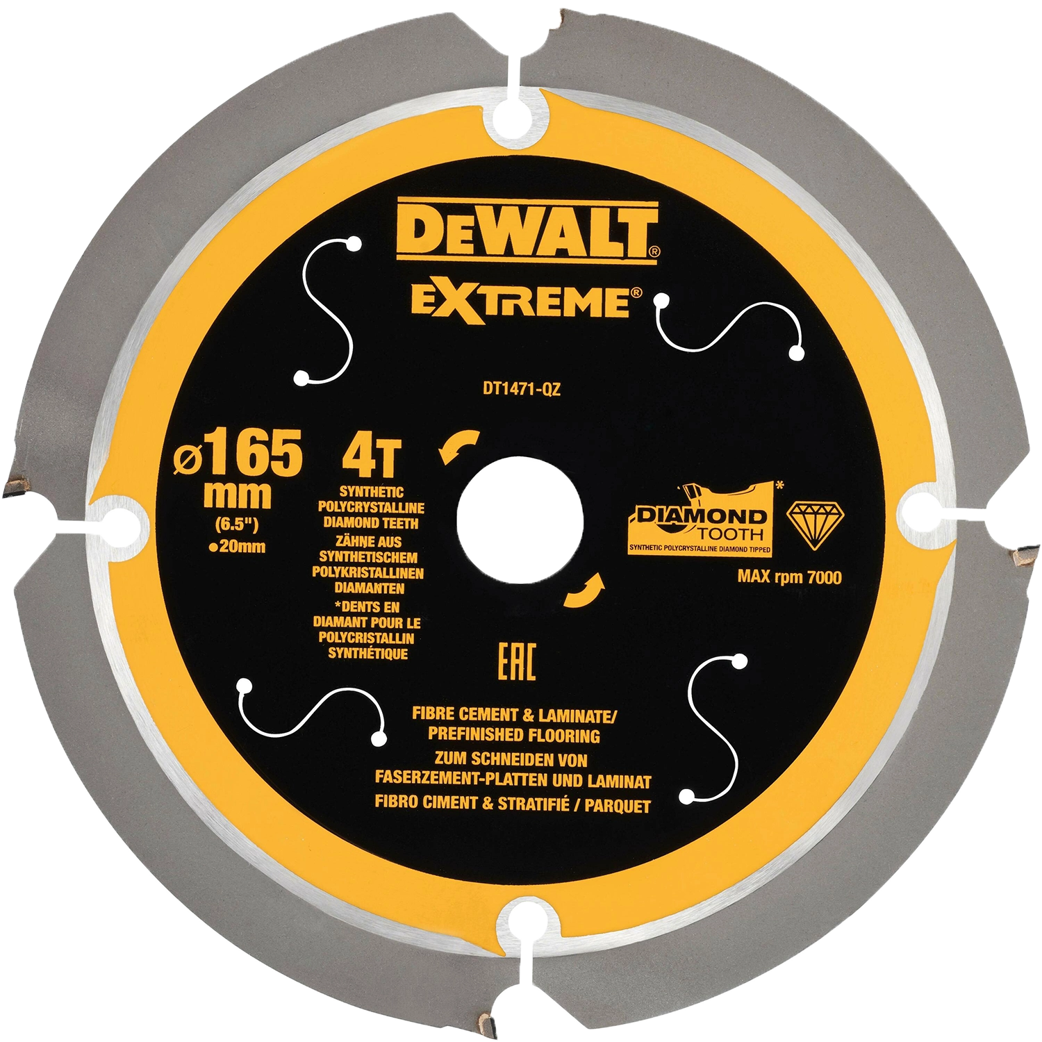 Lame de scie circulaire DT1471-QZ Ø 165 x 20 mm 4T pour stratifié/ciment fibreux