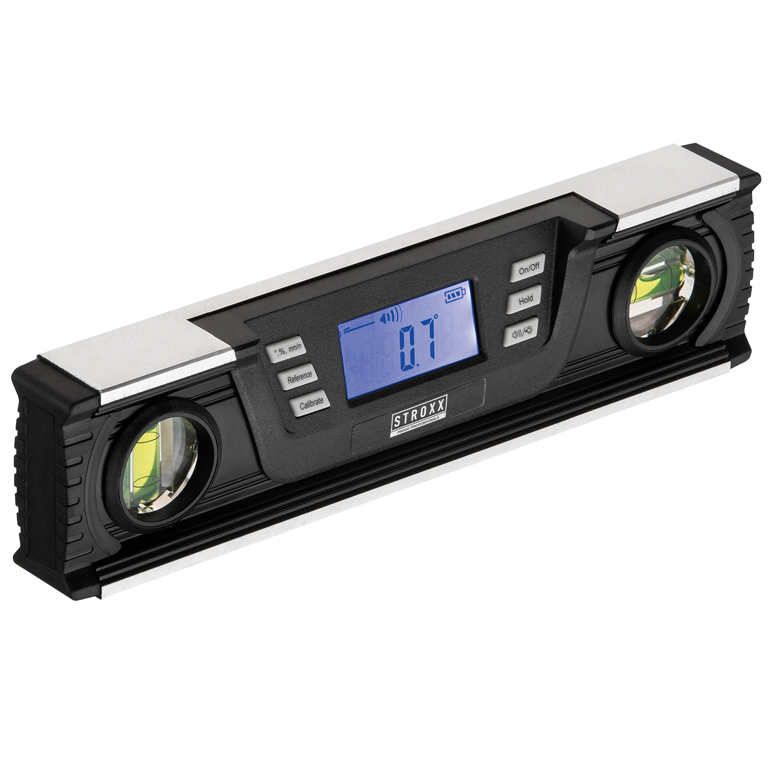 STROXX Digitale Waterpas 250MM: Een Waterpas met een geel handvat en een scherm om nauwkeurig de hoek te bepalen.