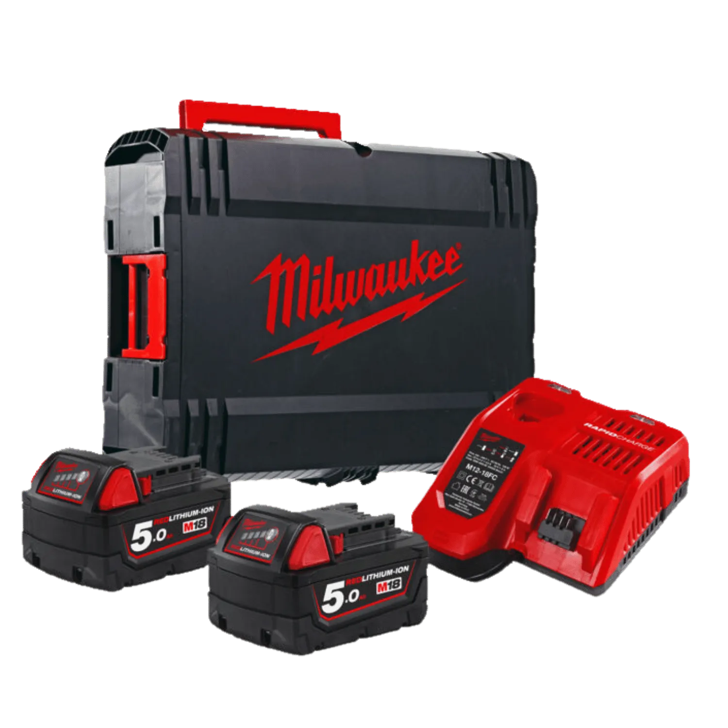 Milwaukee Set Batterijen 18V NRG-502: 2x 5 Ah Li-ion accu's + lader. Compacte en krachtige batterijen met een handige oplader.