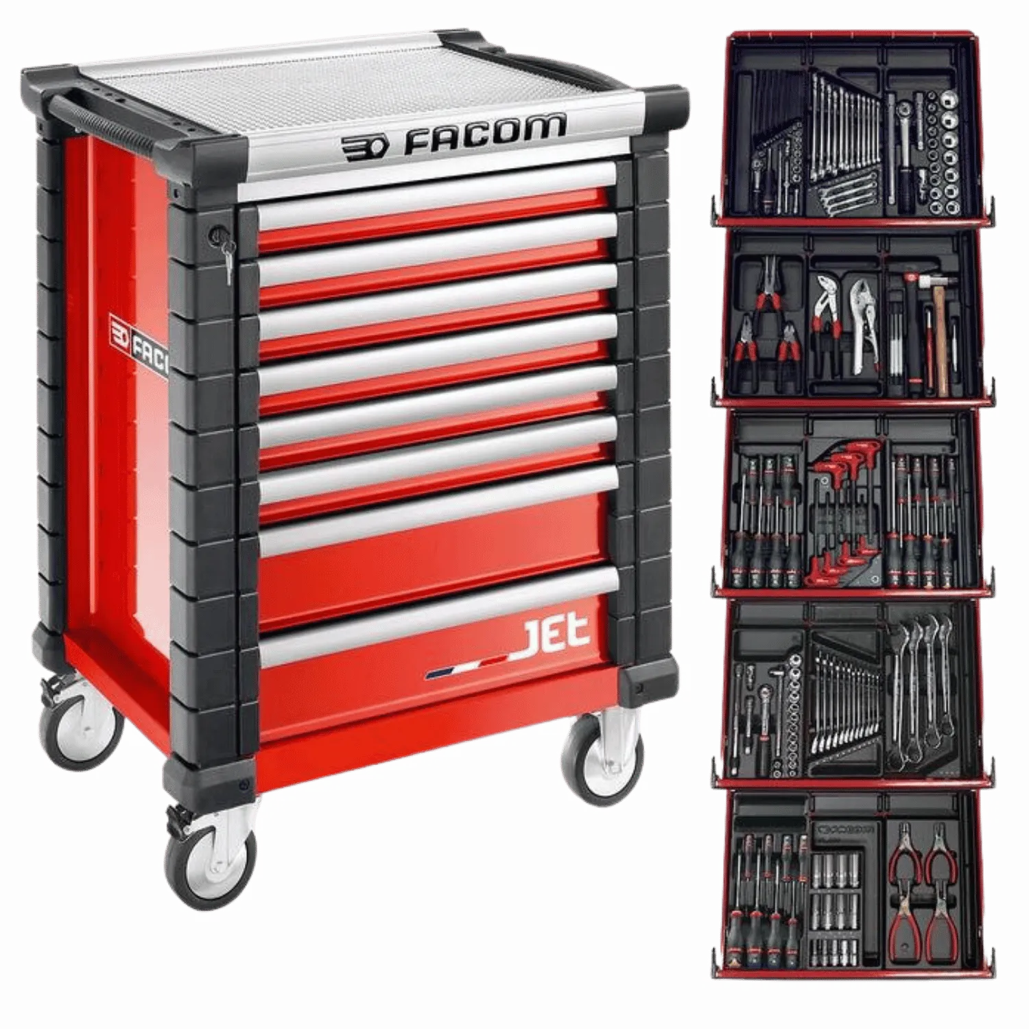 Servante à outils 8 tiroirs M3, avec 5 tiroirs garnis, rouge - JETCM175BNL