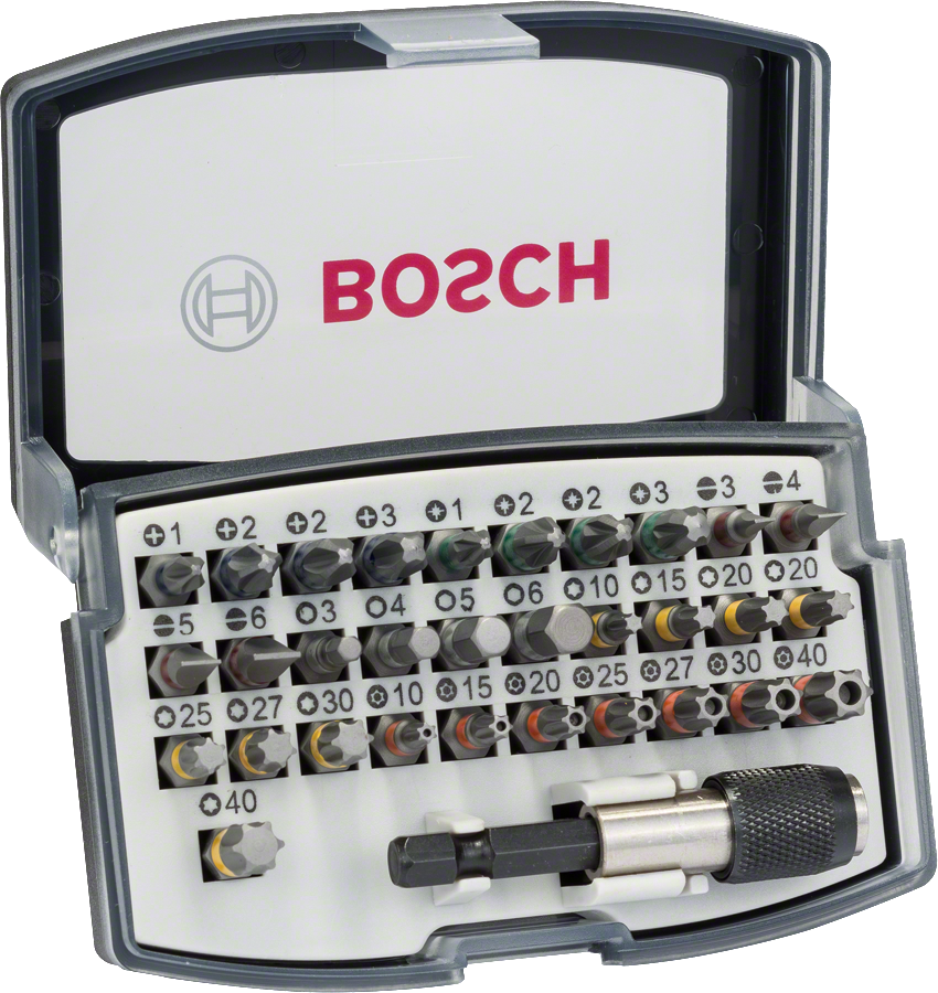 Grijze Bosch bitset met doorzichtbare bovenkant. 32 bitsen en magnetische bithouder. Geen riemhaak. Bitsen met kleurcodering.