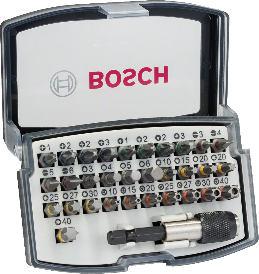Bosch 32-Delige Bitsset | Lecot.shop Grijze Bosch bitset met doorzichtbare bovenkant. 32 bitsen en magnetische bithouder. Geen riemhaak. Bitsen met kleurcodering.