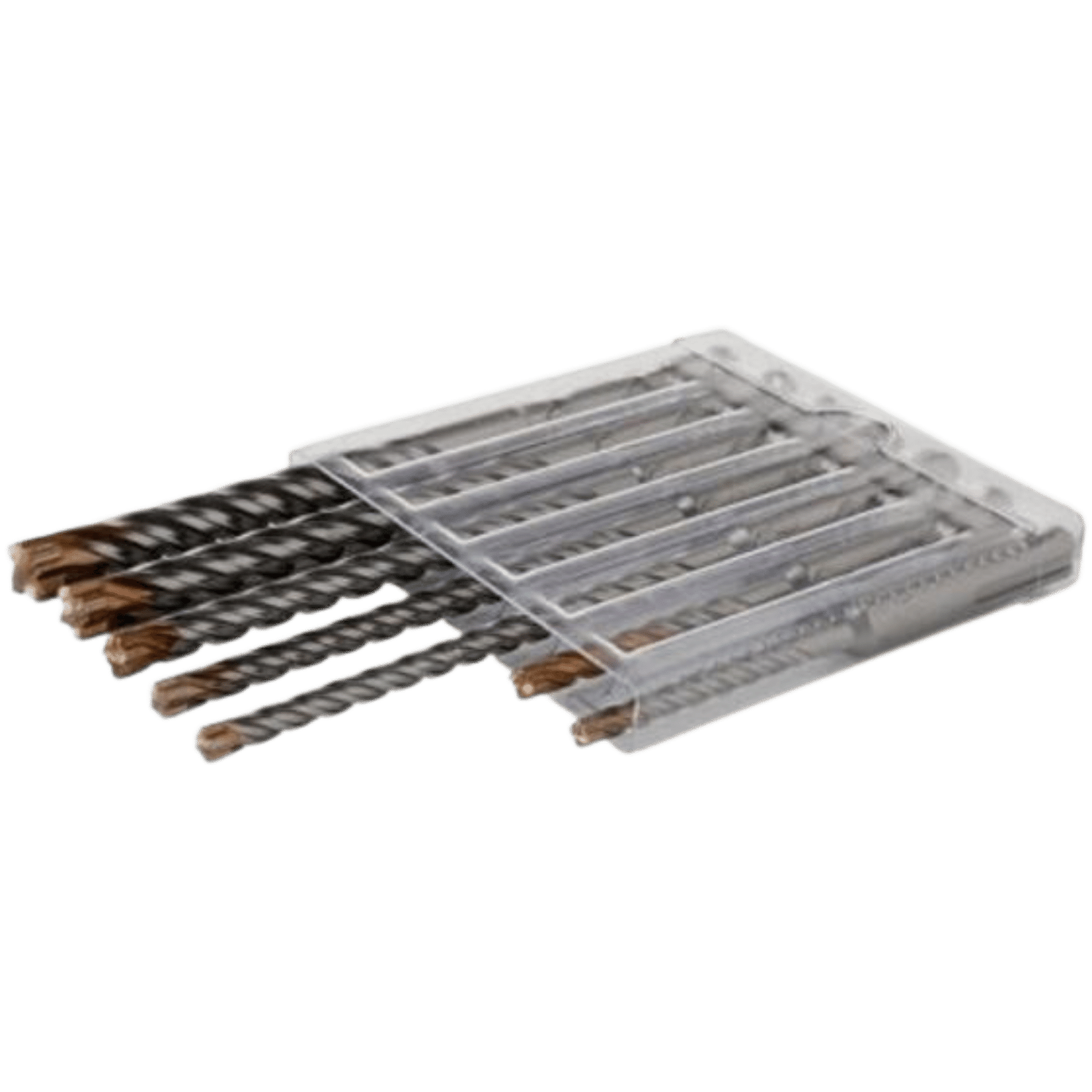 STROXX SDS+ Borenset: Zeven zilveren boorbitjes met 4 snijkanten, variërend in maat van 5 tot 12 mm, georganiseerd in een robuuste koffer.