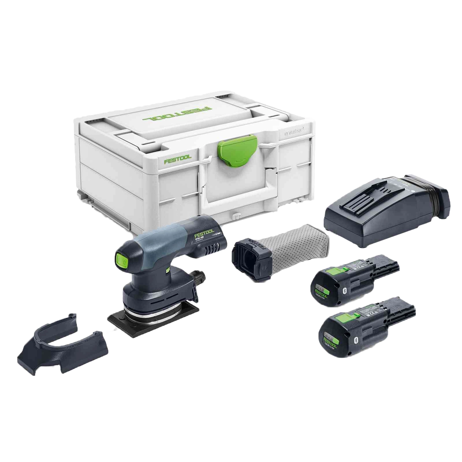 Festool Vlakschuurmachine: Compacte, rechthoekige, groene en zwarte schuurmachine met een handvat bovenaan en een accu, in een duurzame koffer.