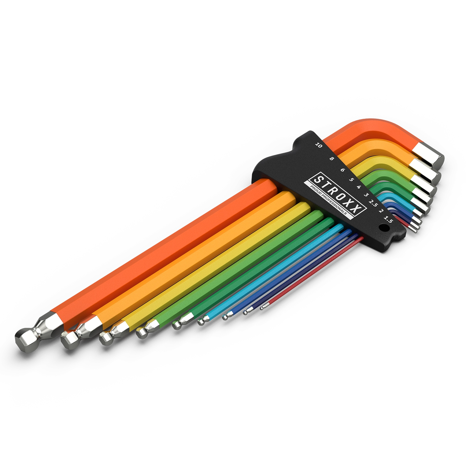STROXX Set Inbussleutels Extra Lang - Met Kogelkop / 1.5-10 mm 9-Delig Colorset | Lecot.shop STROXX SET Inbussleutels EXTRA LANG - MET KOGELKOP / 1.5-10MM 9Delig COLORSET: 9 Inbussleutels in verschillende kleuren, met kogelkop, extra lang, zwarte houder.