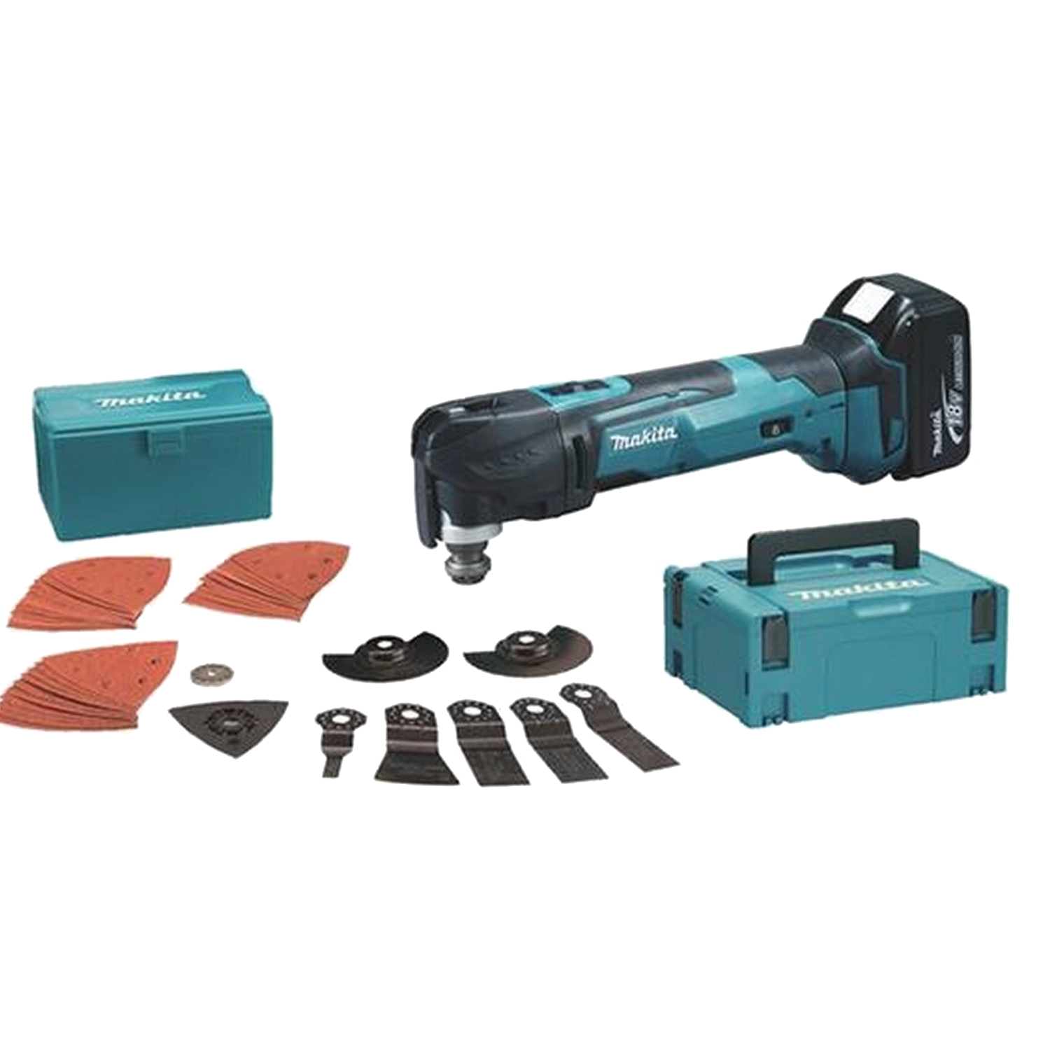 Makita Multitool: Compact, blauw gereedschap met zwart handvat, snelwissel systeem voor accessoires, twee krachtige accu's, geleverd in een robuuste Makita-koffer.