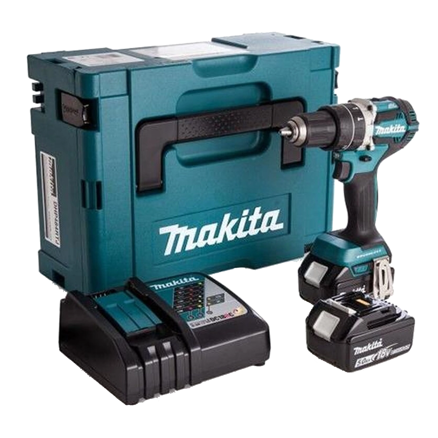 Makita Schroef-Boormachine: Compacte, blauwe boormachine met zwart handvat, led-licht aan de voorkant, twee krachtige accu's, verpakt in een robuuste Makita-koffer.