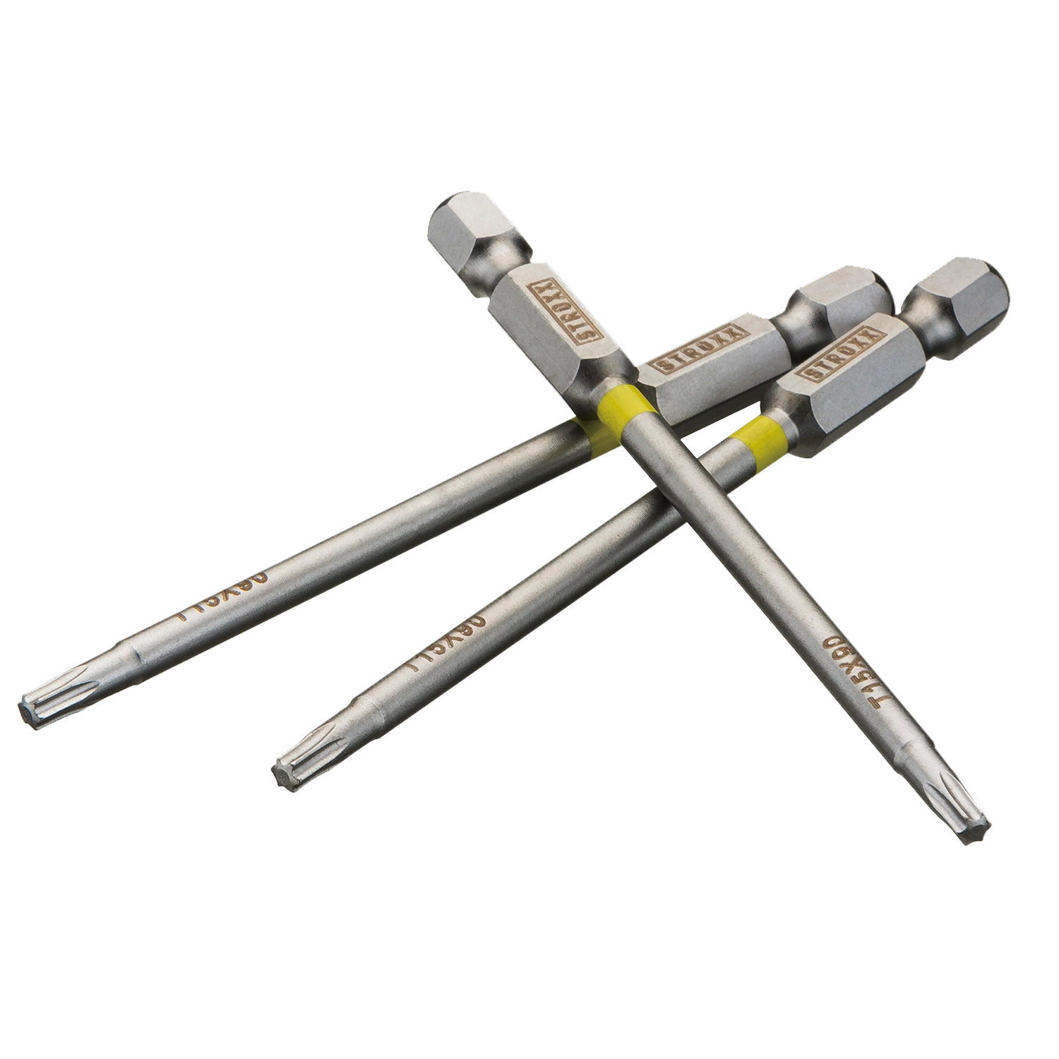 STROXX Lange Bits Geel Tx15 - 90 mm 3st: Set van drie gele lange bits met TX15-markering en een lengte van 90 mm.