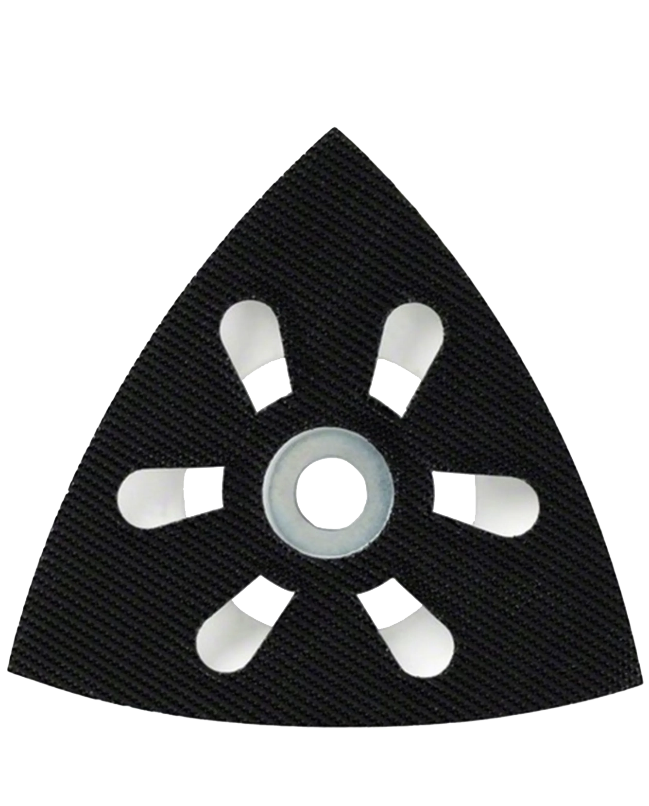 Zwarte driehoekige schuurschijf met druppelvormige openingen in het midden.