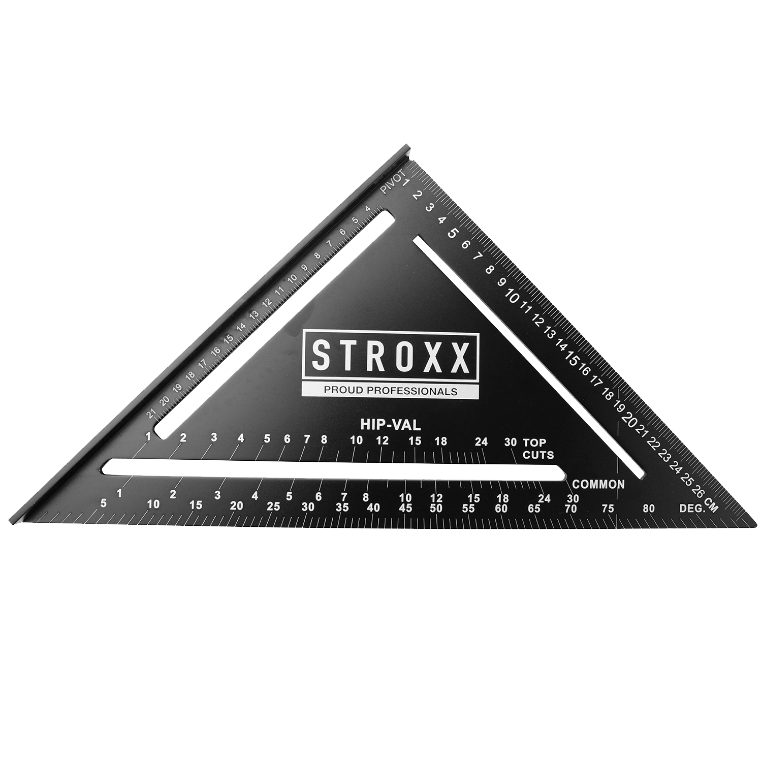 Zwarte STROXX bouwhaak. Grote aanduidingen afmetingen. Inkepingen. Groot wit STROXX logo.