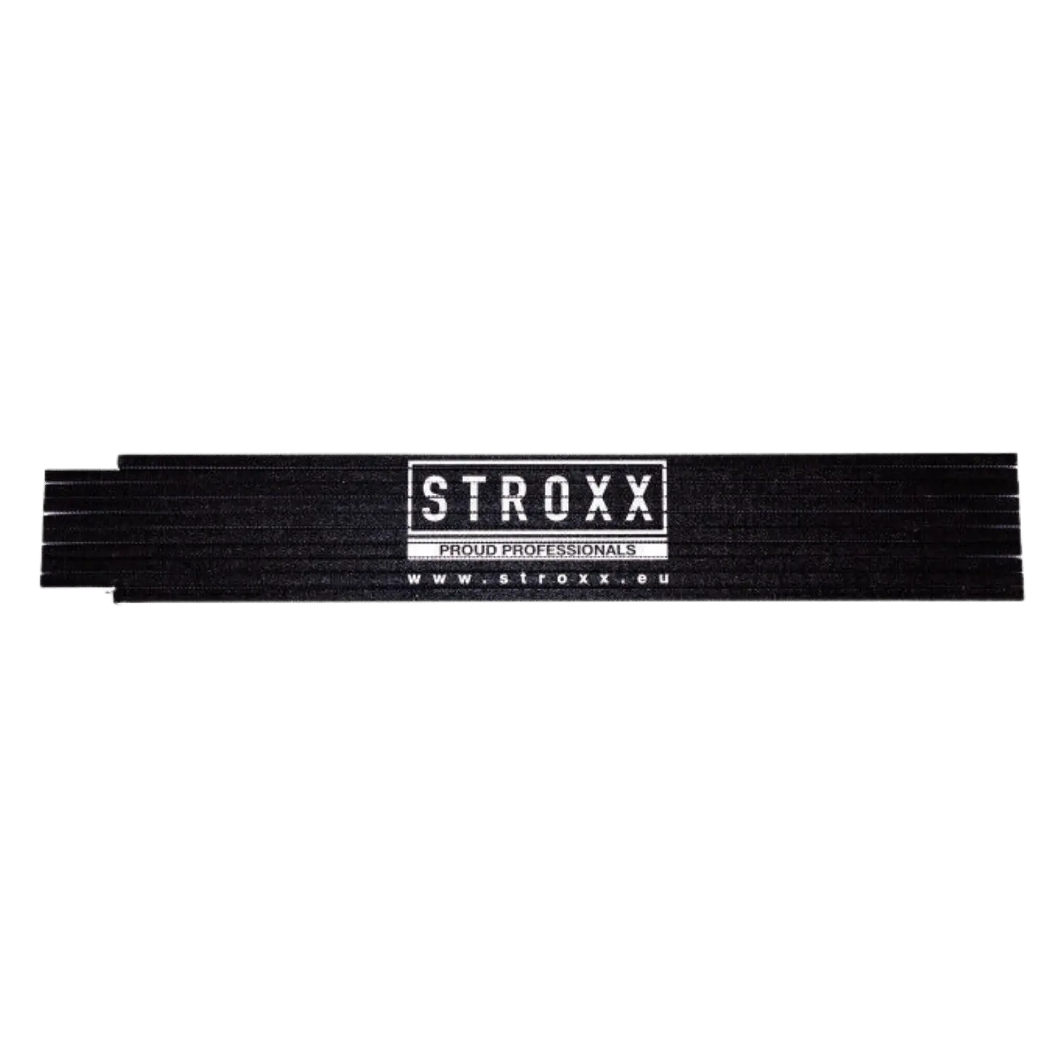 Zwarte STROXX vouwmeter. Opgeplooid. Groot STROXX logo.