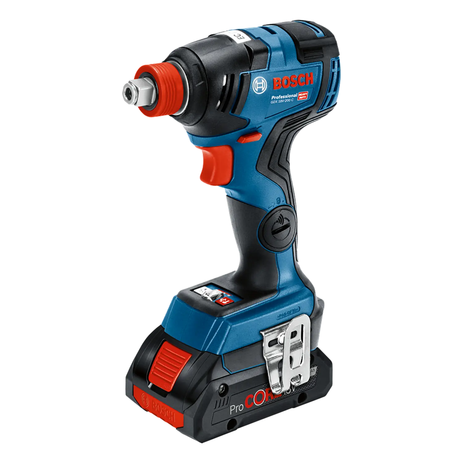 BOSCH GDX 18V-200 Draaislagmoeraanzetter Accu | Lecot.Shop Zwartblauwe Bosch GDX 18v accu slagschroevendraaier met ingeklikte accu. Metalen riemhaak. Draairichting knop. Geen bit ingeklikt