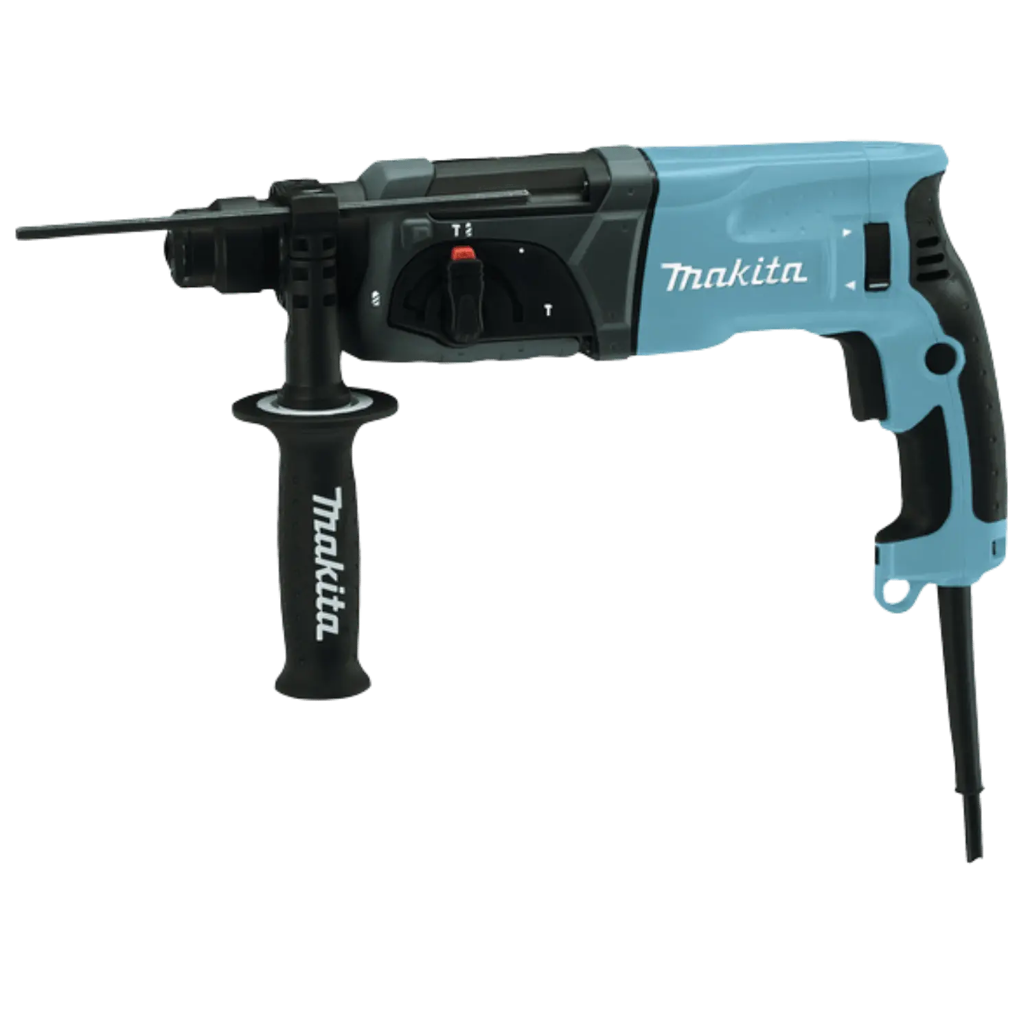 Makita HR2470 Combihamer 780W (SDS-Plus 18 mm 2.4 J) | Lecot.Shop Blauwzwarte Combihamer op kabel. Knop standen. Rubberen zijhandgreep. Ergonomisch handvat. Ingeklikte langsgeleider