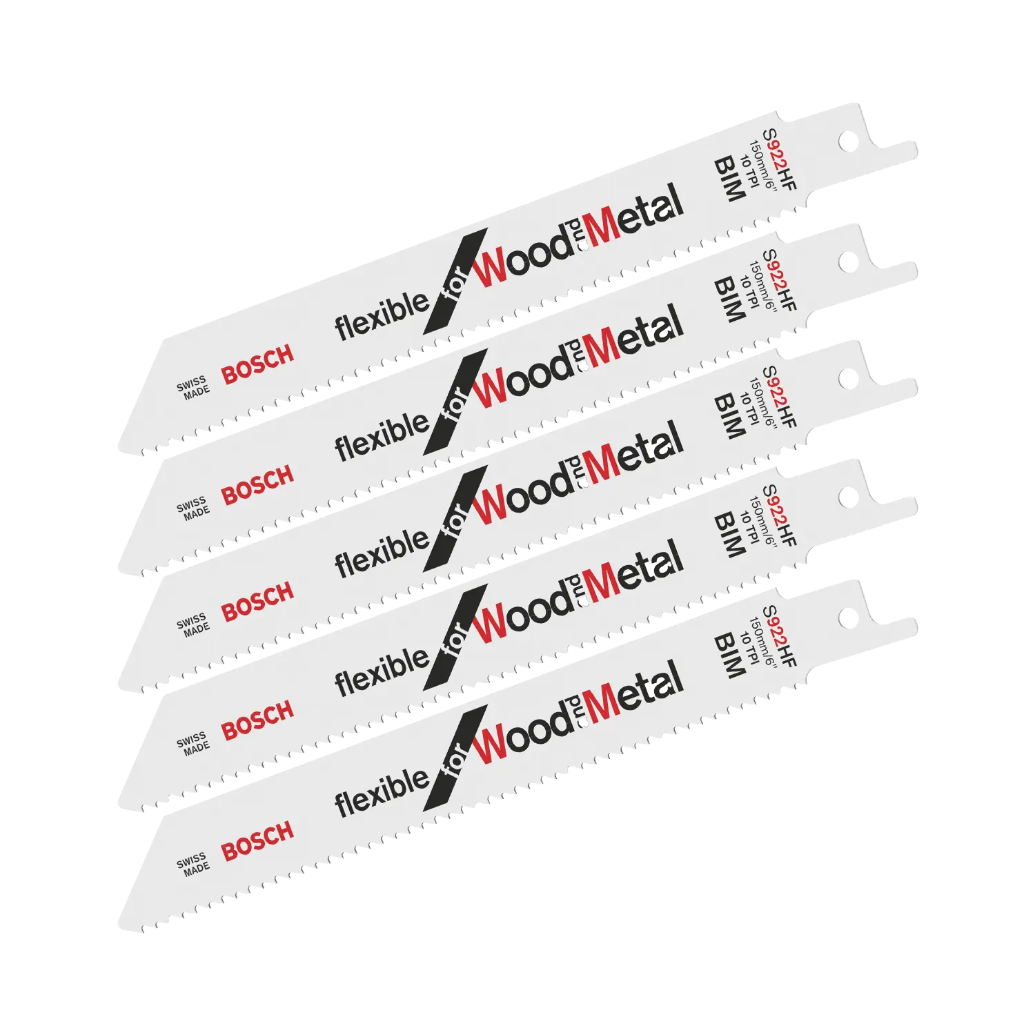 Set 5 grijze Bosch BLI Reciprozaagbladen (Hout & Metaal). Bosch-logo op zaagblad.