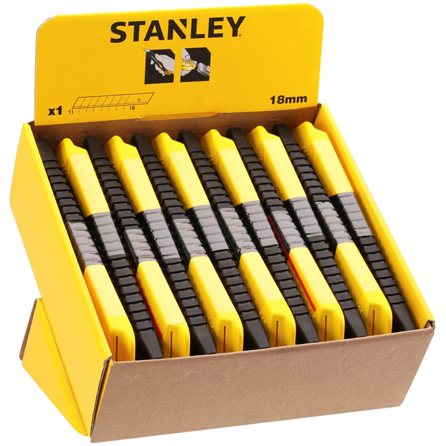 Geelzwart Stanley breekmes. 9 afbreekmesjes. Gele drukschuifknop. Schuifbaar uiteinde voor verwijderen mes.