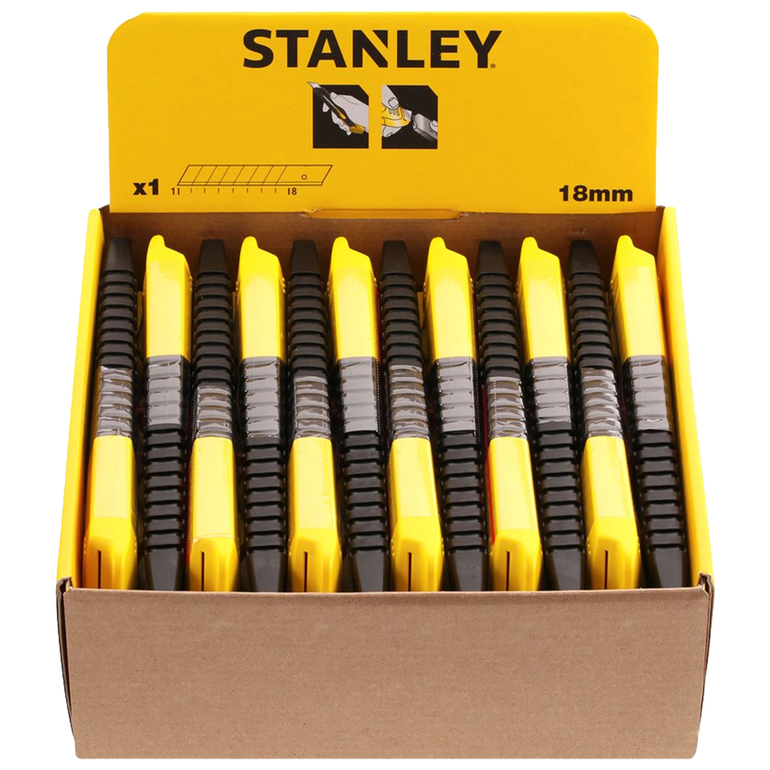 Geelzwart Stanley breekmes. 9 afbreekmesjes. Gele drukschuifknop. Schuifbaar uiteinde voor verwijderen mes.